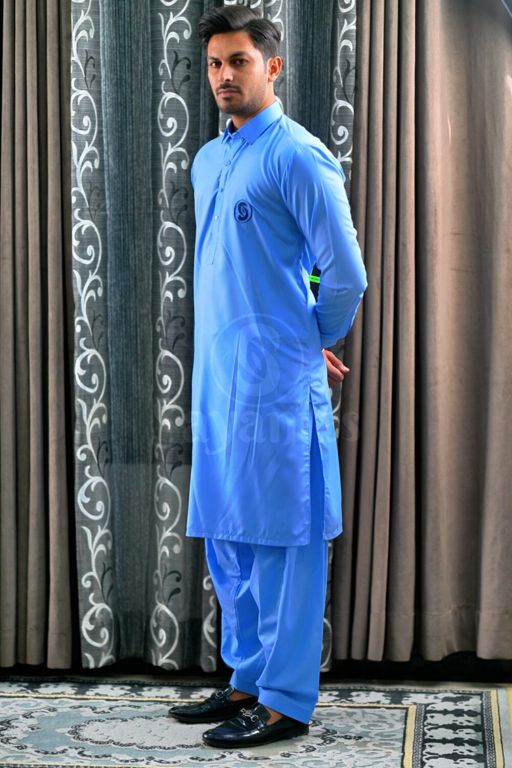 Men's Sky Blue Unstitched Kurta Pajama view 2